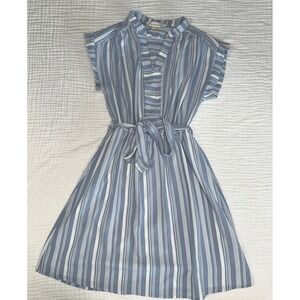 Monteau Los Angeles Women's Blue Striped V Neck Dress with Belt Small‎